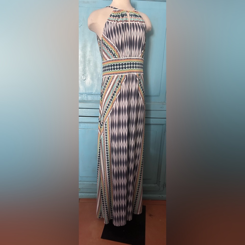 London Style Navy, Cream and Multicolor Patterned Maxi Skirt